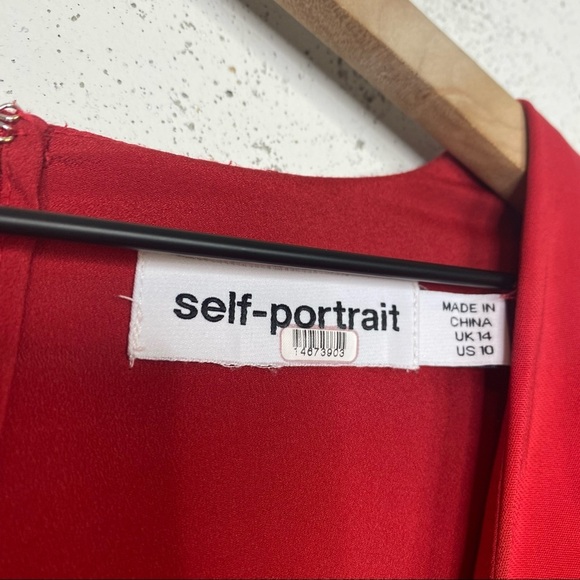 Self Portrait Crepe Red Midi Ruffle Puff Sleeve Crepe Dress Size 10 - Picture 6 of 7